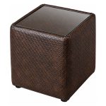 Glass Top Square Side Table Stool - Chestnut Faux Leather