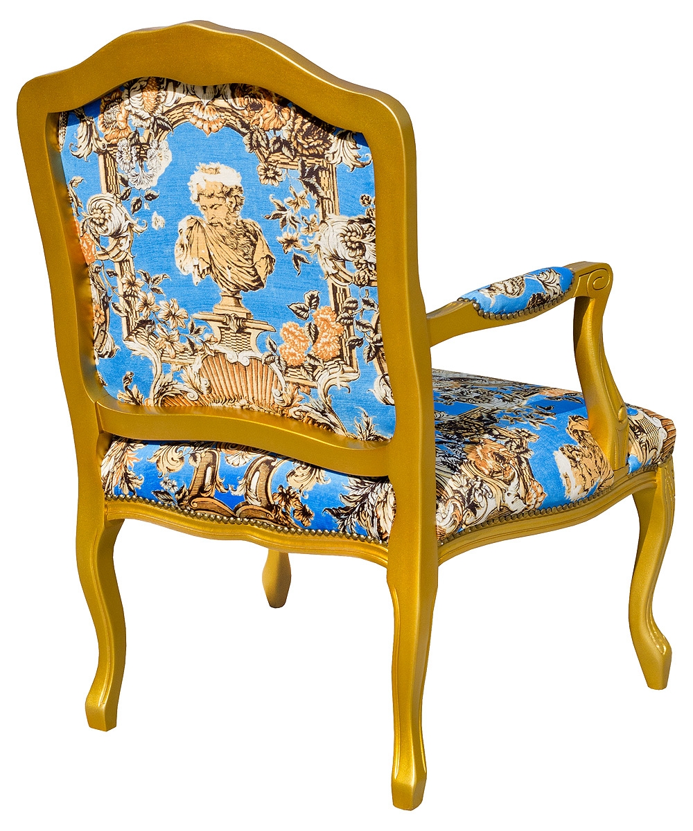 Regence Arm Chair in Romano Azure Blue Fabric and Gold Frame Back