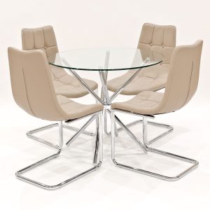 Criss-Cross clear glass dining set with beige Menson dining chairs
