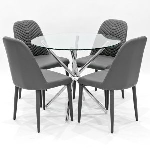 Criss-Cross clear glass dining set with grey Riversway dining chairs