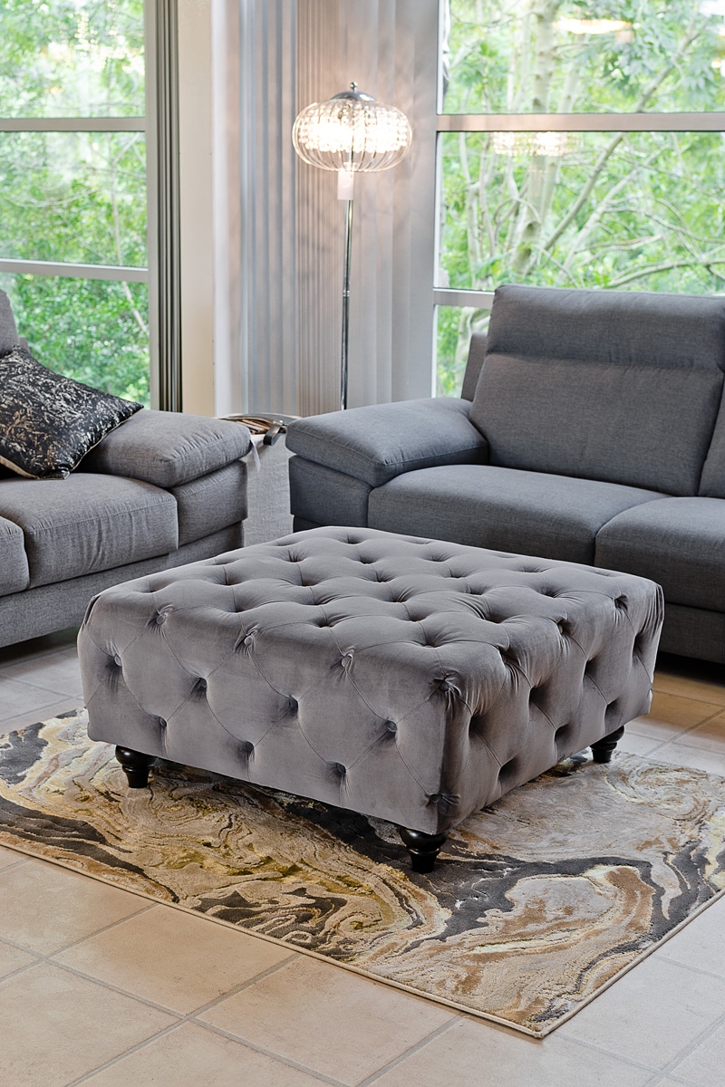 Square Grey Velvet Ottoman in our Showroom