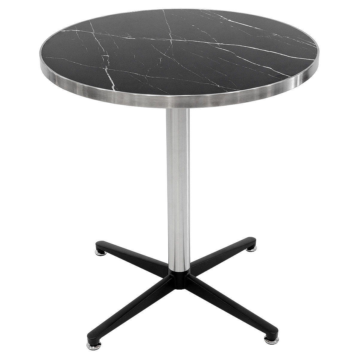 Black Marble Round Table Top on top of a brushed steel table base