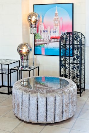 Large Glass Top Fabric Pouffe in our Showroom