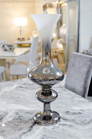 White & Silver Centrepiece Vase in our Showroom
