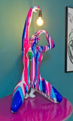 Large Pink and Blue Yoga Lady Sculpture in our Showroom