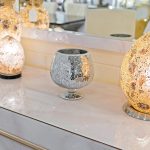 Mosaic Glass Mirrored Hurricane Vase in our Showroom