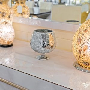 Mosaic Glass Mirrored Hurricane Vase in our Showroom