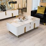 Colby White and Gold TV Unit in our Showroom