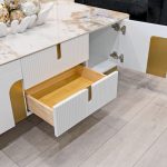 Colby White and Gold TV Unit in our Showroom - Close Up