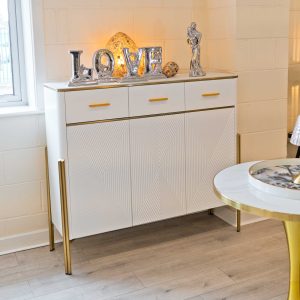 Ewing White and Gold Shoe Cabinet in our Showroom