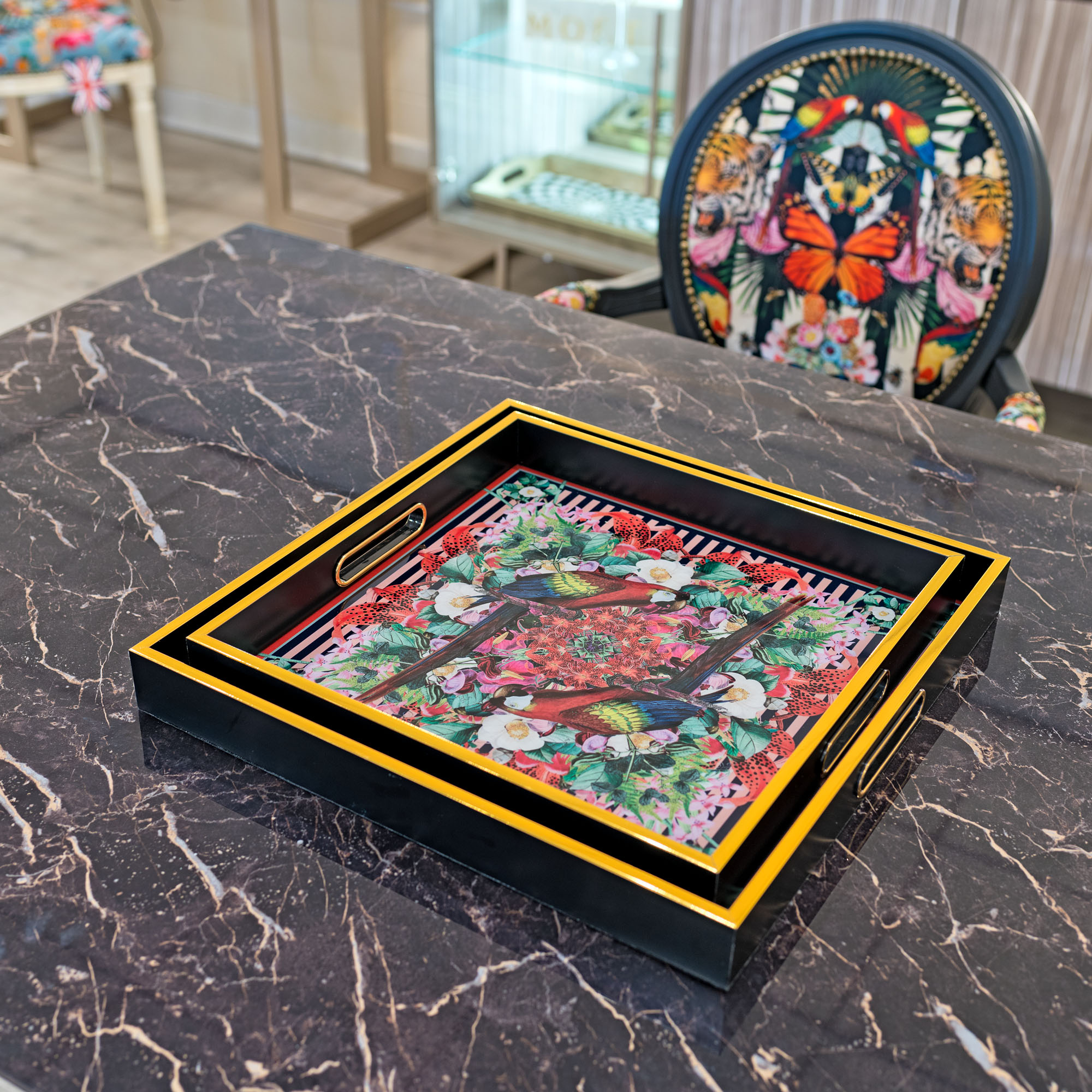 Myrtle and Mary Flower Bomb Square Trays in our Showroom