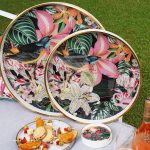 Myrtle and Mary Tropical Bomb Circular Tray Set and Coasters on Display