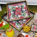 Myrtle and Mary Flower Bomb Square Tray Set on Display