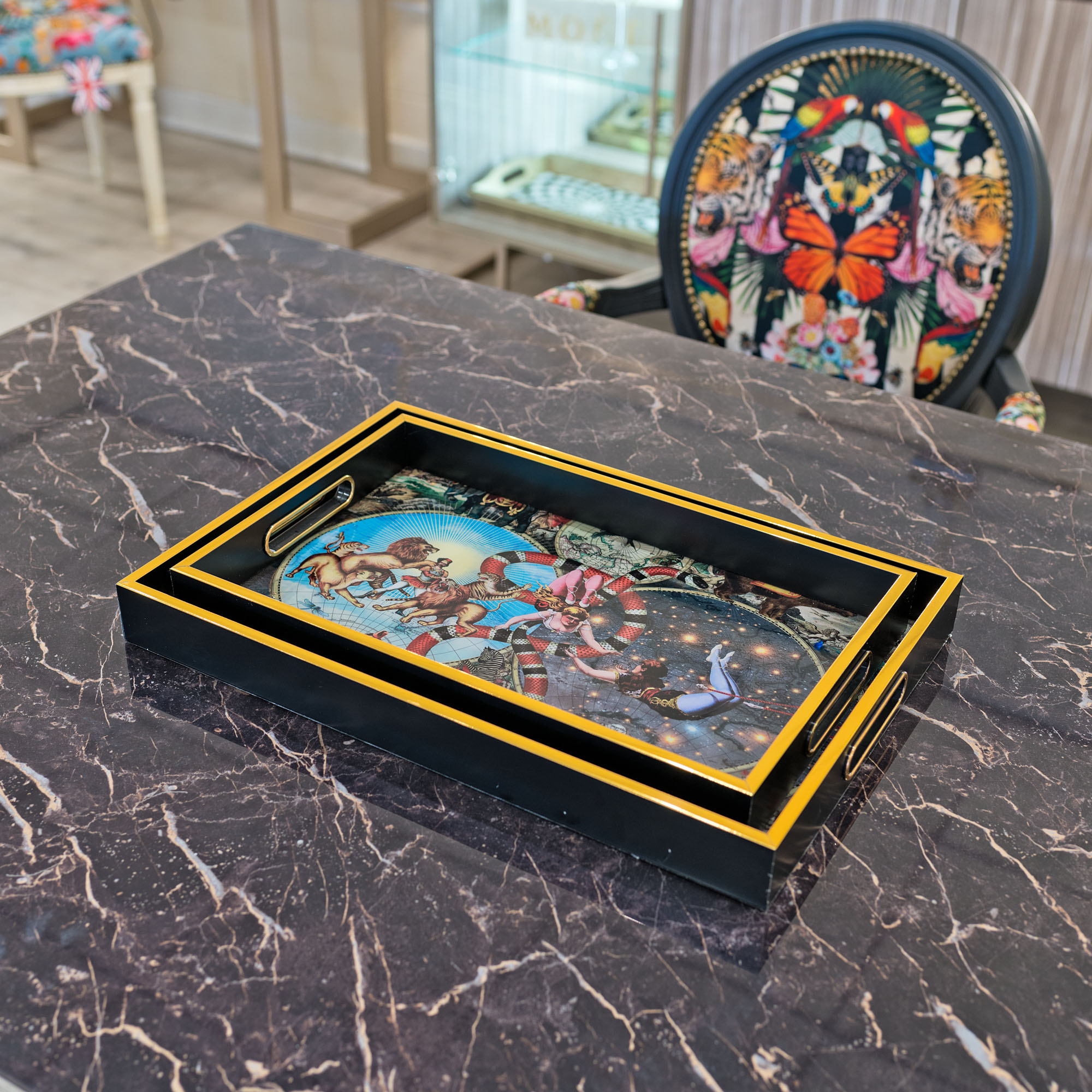 Myrtle and Mary Le Cirque Du Monde Rectangular Trays in our Showroom