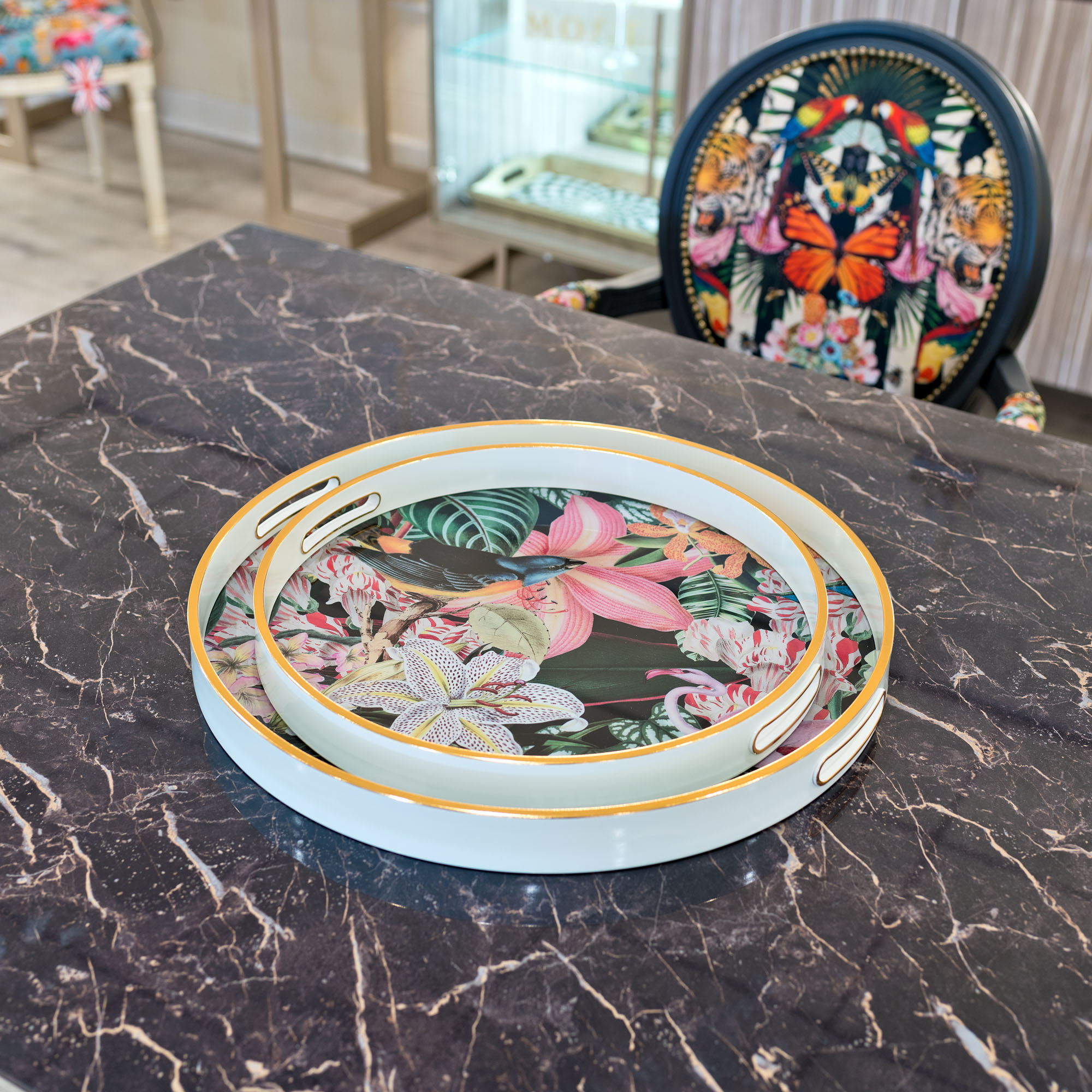 Myrtle and Mary Tropical Bomb Circular Trays in our Showroom