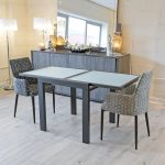 Frosted White Glass Extending Dining Table in our Showroom - Extended