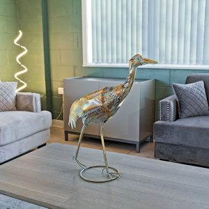 Gold Walking Crane Iron Sculpture in our Showroom