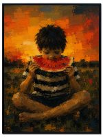 Boy Eating Watermelon at Sunset Velvet Print Wall Art