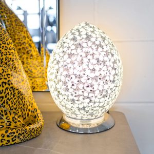 Mosaic Glass Egg Lamp White Flower Design in our Showroom