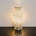 Mosaic Glass Vase Lamp- White Flower Design - Turned On
