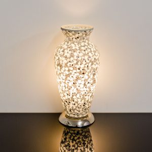 Mosaic Glass Vase Lamp- White Flower Design - Turned On