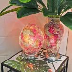 Red and Orange Mosaic Glass Vase Lamp in our Showroom