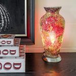 Red and Orange Mosaic Glass Vase Lamp in our Showroom - Turned On
