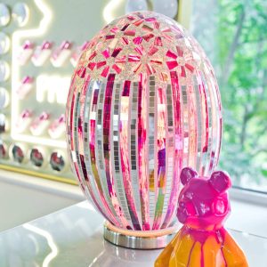 Mosaic Glass Large Rose Deco Egg Lamp in our Showroom