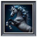 Blue Flower Horse Velvet Print - Grey Frame