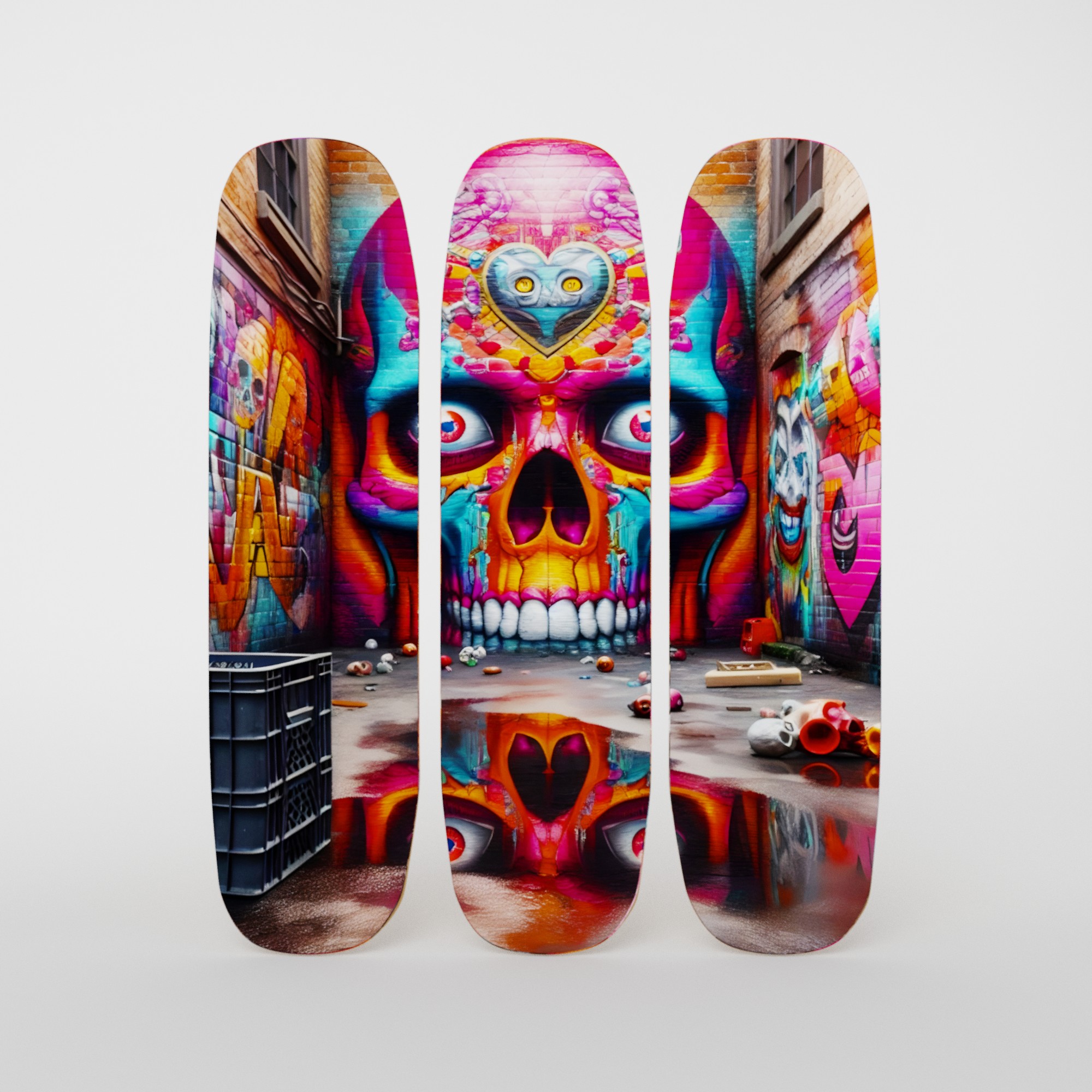 Viva Skull Alley Triplicate Design Fabric Skateboard Deck Viva Skull Alley Triplicate Design Fabric Skateboard Deck