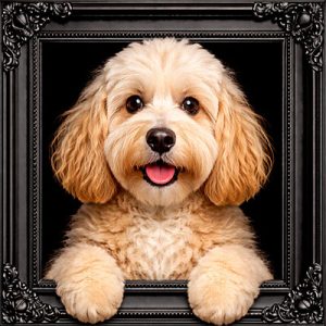 Blonde Cockapoo black ornate frame