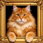 Ginger Maine Coon Cat Illusion Ornate Gold Frame