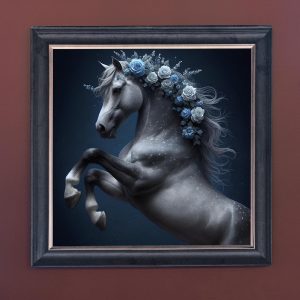 Blue Flower Horse - Velvet Printed Frame Hung Up