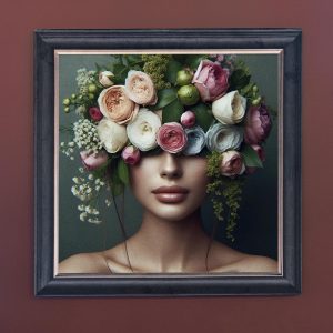 Flower Face Woman Green - Velvet Printed Frame Hung Up