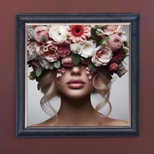 Flower Face Woman White - Velvet Printed Frame Hung Up