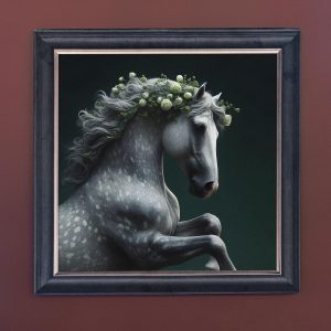 White Flower Horse - Velvet Printed Frame Hung Up
