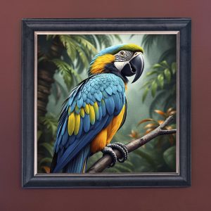 Blue Parrot - Velvet Printed Frame Hung Up