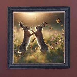 Boxing Hares - Velvet Printed Frame Hung Up