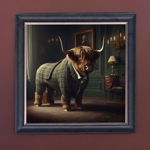 Cow in Green Tweed - Velvet Printed Frame Hung Up