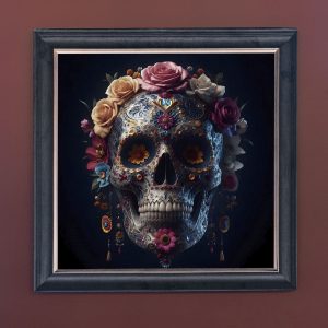 Decorative Floral Skull - Velvet Printed Frame Hung Up