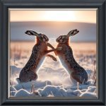 Fighting Hares in the Snow - Velvet Printed Frame