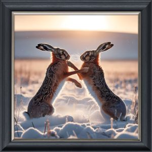 Fighting Hares in the Snow - Velvet Printed Frame