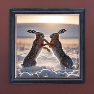 Fighting Hares in the Snow - Velvet Printed Frame Hung Up