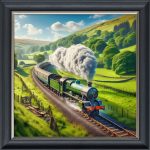 Green Steam Engine in the Countryside - Velvet Printed Frame