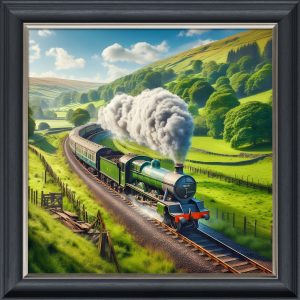 Green Steam Engine in the Countryside - Velvet Printed Frame