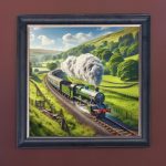Green Steam Engine in the Countryside - Velvet Printed Frame Hung Up