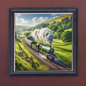Green Steam Engine in the Countryside - Velvet Printed Frame Hung Up
