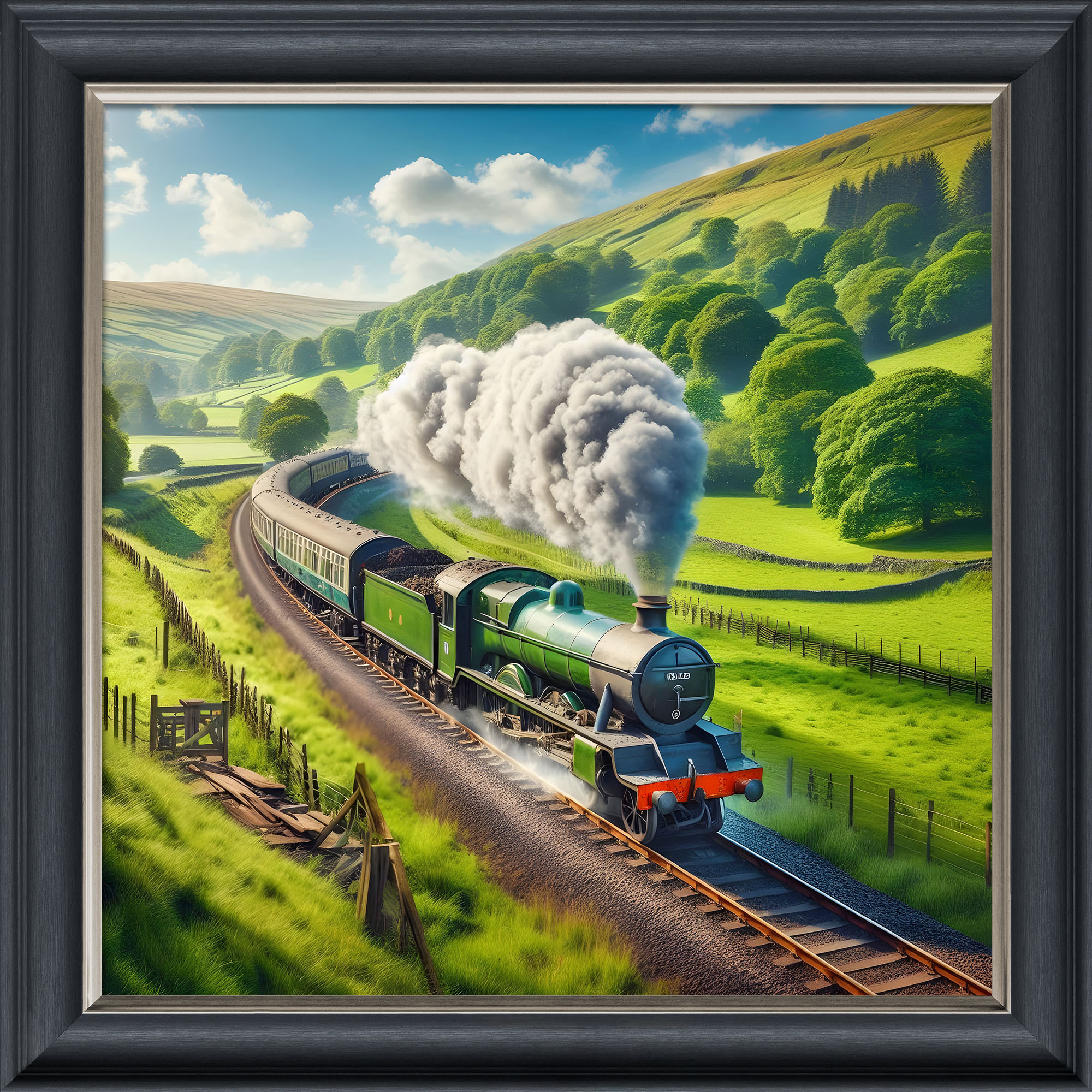 Green Steam Engine in the Countryside - Velvet Printed Frame Green Steam Engine in the Countryside - Velvet Printed Frame