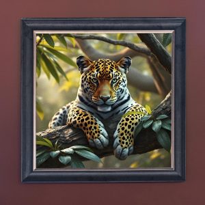 Leopard Spotted in a Tree - Velvet Printed Frame Hung Up