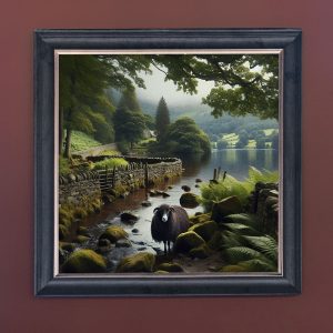 Ram in the River - Velvet Printed Frame Hung Up